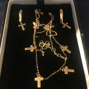 Vintage 14k Italian Yellow Gold Cross Necklace and Earring Set